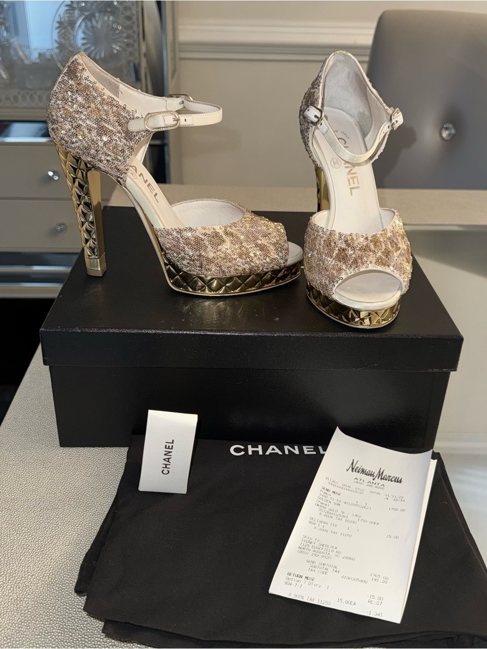 CHANEL Gold and Cream Sequin Tweed Quilted-Platform Peep-Toe Heels